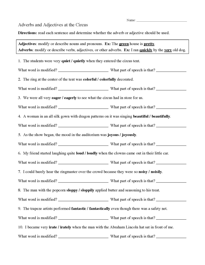 Third grade students practice sorting words into adjectives adverbs and verbs on this grammar worksheet