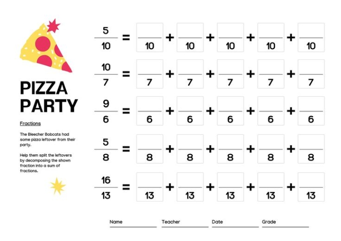 Third grade student coloring geometric shapes to learn fractions on a party themed worksheet