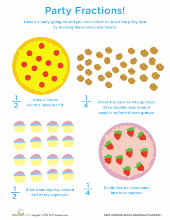 Third grade math worksheet where students color geometric shapes to represent specific fractions for a party theme