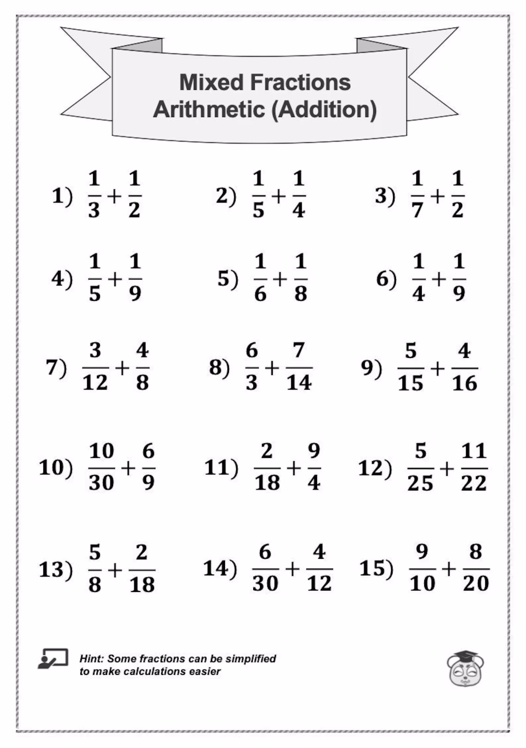 Third grade math worksheet showing geometric shapes divided into equal parts for students to color and practice fractions