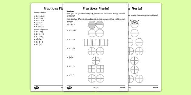 Third grade student coloring geometric shapes to learn fractions on a party themed math worksheet