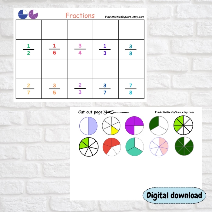 Third grade math worksheet showing colorful geometric shapes divided into equal parts for fraction practice activities