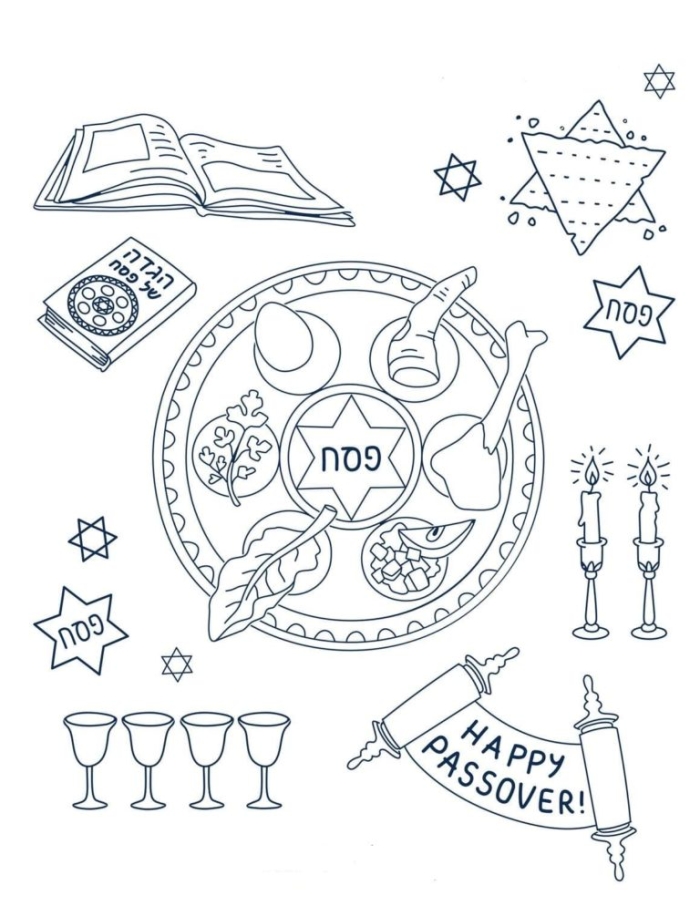 Fun and educational Passover meal illustration for Pre-K learners Passover Coloring Page worksheet featuring traditional ceremonial foods for kids
