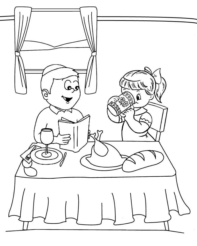 Worksheet image for Pre-K students exploring Passover meal traditions through coloring activities Coloring page for Passover featuring traditional ceremonial foods for children to learn about the holiday