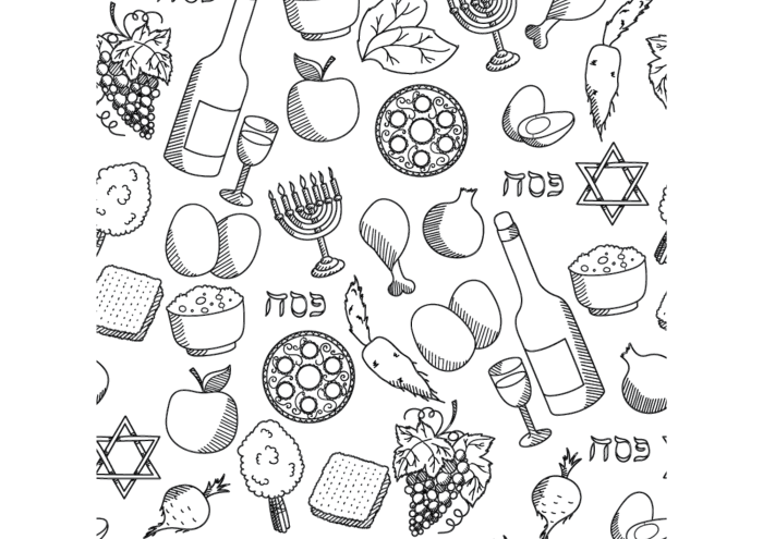 Colorful Passover Meal worksheet for Pre-K learners to explore and enjoy Passover Coloring Page worksheet featuring traditional ceremonial foods for children