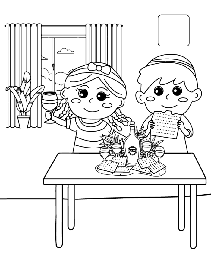 Illustration of Passover foods for children to color and learn about the holiday Passover Coloring Page worksheet featuring ceremonial foods for the traditional meal