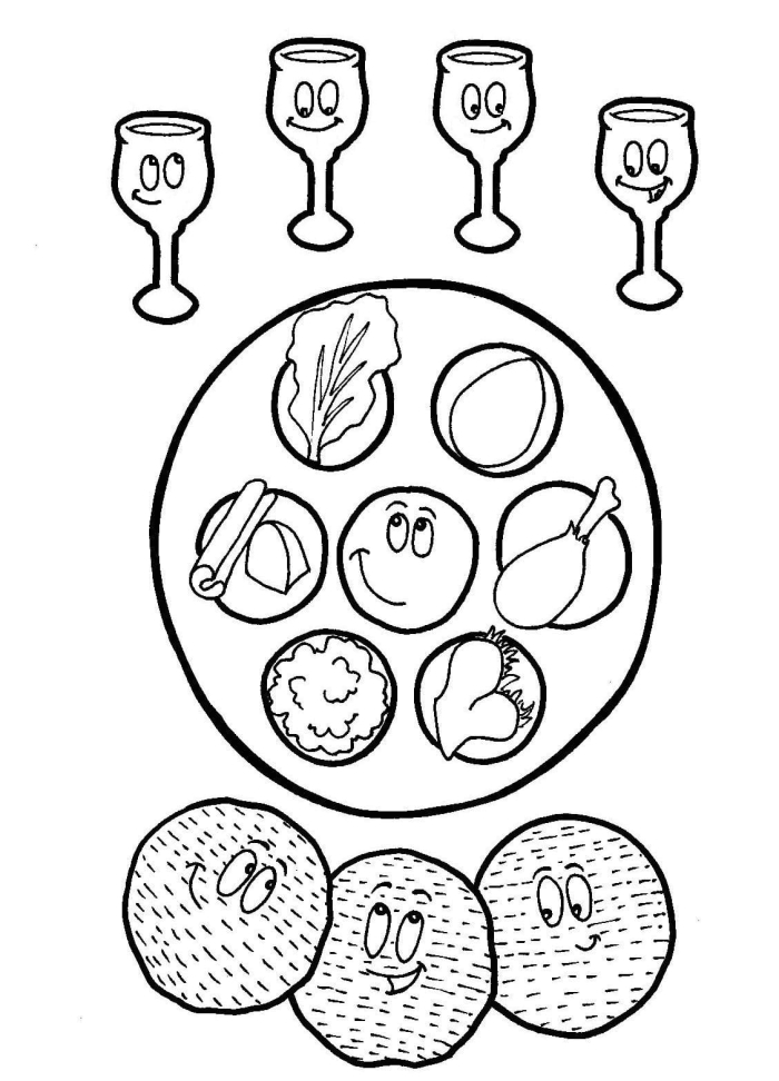 Engaging image of the traditional Passover meal for educational fun Passover Coloring Page worksheet featuring ceremonial foods for Pre-K children