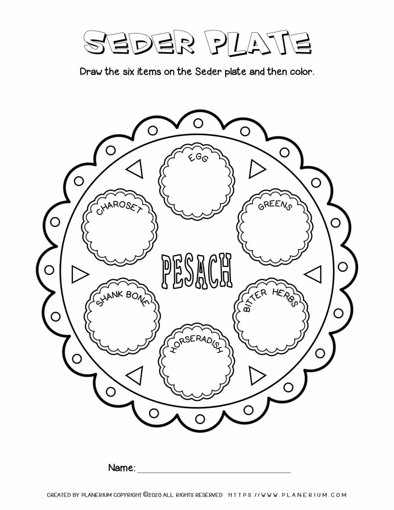 A colorful Passover Seder plate diagram with six symbolic foods labeled for first graders to learn and color