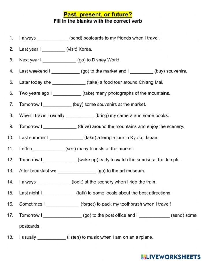 Practice worksheet for recognizing simple verb tenses in written sentences for elementary students Fifth grade grammar worksheet showing sentences with blanks for students to identify whether verbs are in past, present, or future tense