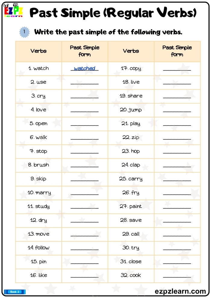 Worksheet for practicing past tense verbs ending in -ed for second graders