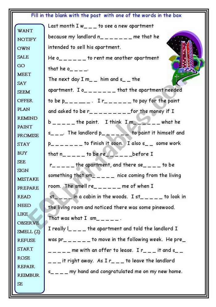 Second grade geometry worksheet practicing verb endings with past tense ed