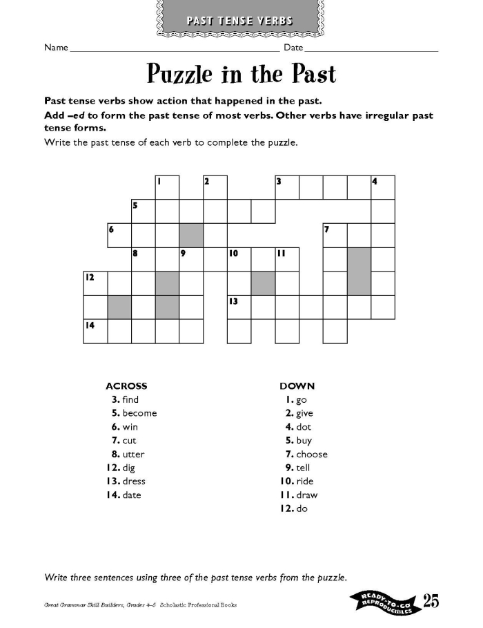 Engaging crossword activity for practicing irregular past tense verbs in a fun way Past tense verb crossword puzzle worksheet for second graders to enhance their reading skills
