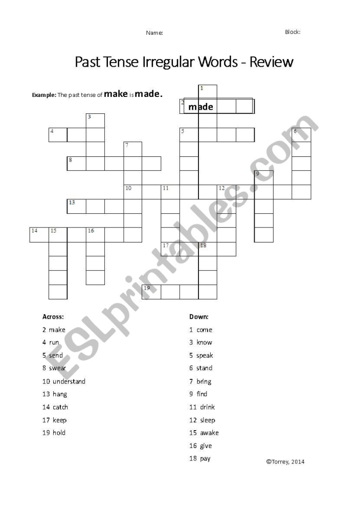 Engaging past tense verb crossword for reading skills enhancement Crossword puzzle worksheet for practicing past tense verbs for second graders