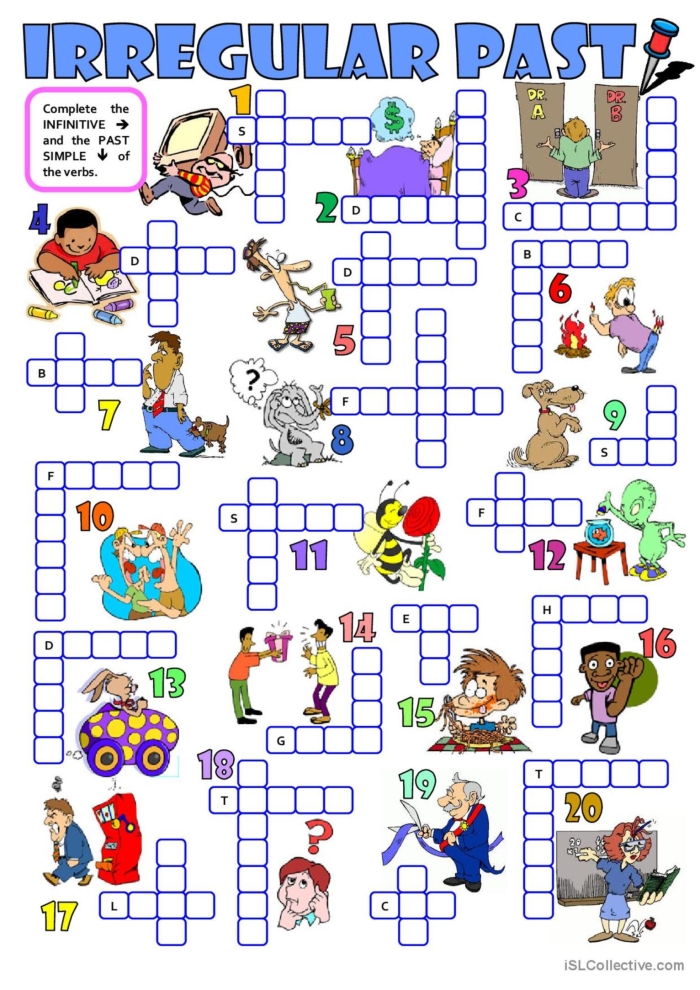 Crossword puzzle worksheet to help students practice irregular past tense verbs Past Tense Verb Crossword Puzzle worksheet for second graders featuring engaging word clues