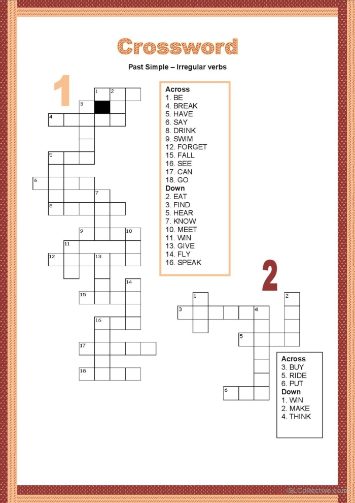 Engaging past tense verb crossword puzzle for reading practice in grade two Crossword puzzle worksheet featuring irregular past tense verbs for second graders