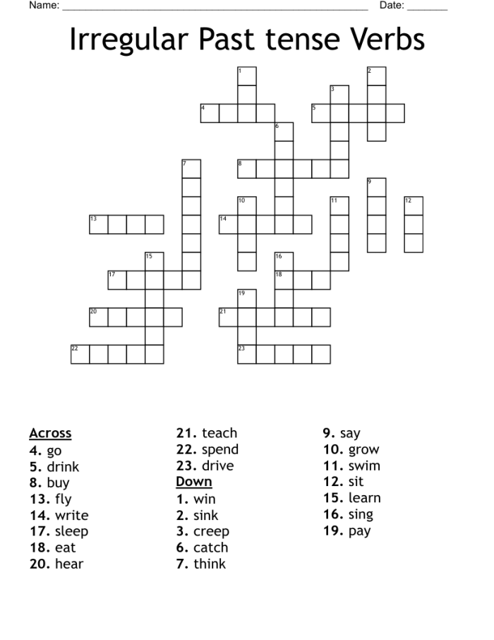 Engaging past tense verb crossword for reading practice in second grade Crossword puzzle worksheet featuring irregular past tense verbs for second graders