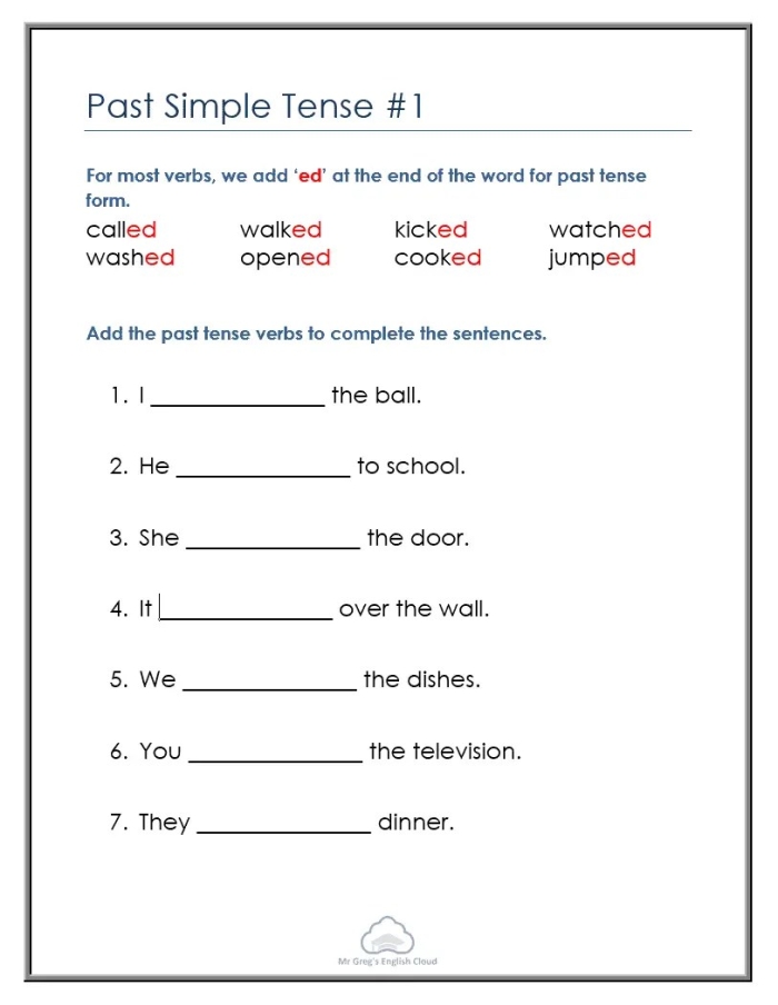 Third grade student completing a past tense verbs grammar worksheet with fill-in-the-blank sentences to practice verb conjugation