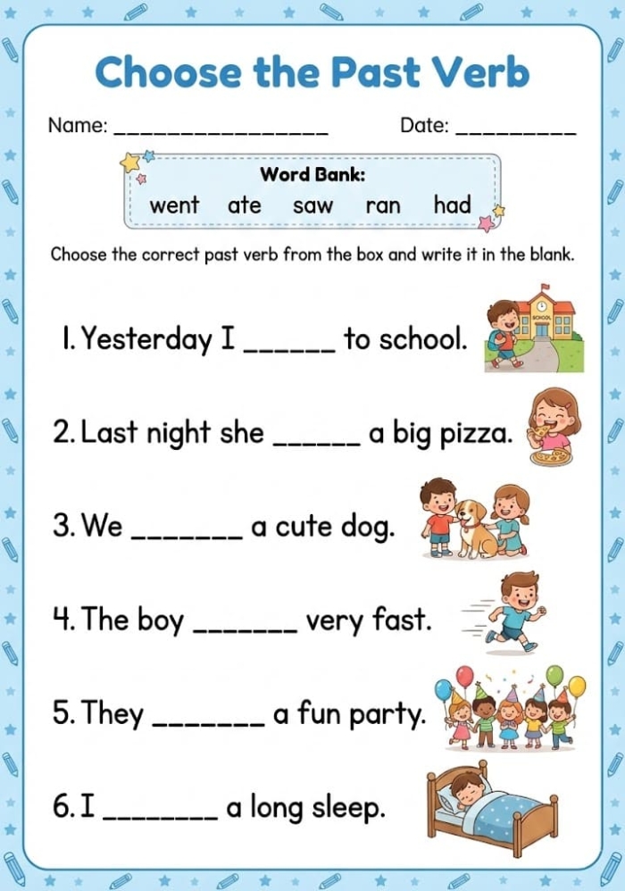 Third grade student completing a past tense verbs worksheet with fill in the blank sentences to practice grammar skills