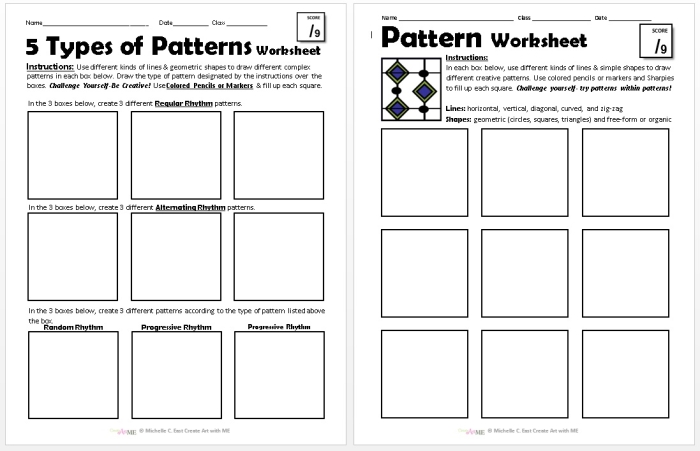 All About Patterns Math Activity for Preschool Learners Pre-K students identifying and completing color and shape patterns on a math assessment worksheet