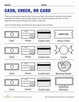 Payment Methods worksheet for second graders illustrating various payment options