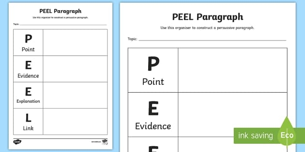 Fifth grade PEEL paragraph graphic organizer worksheet showing Point, Evidence, Explanation, and Link sections for structured writing practice