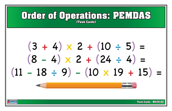 Fifth grade math worksheet featuring PEMDAS order of operations practice problems