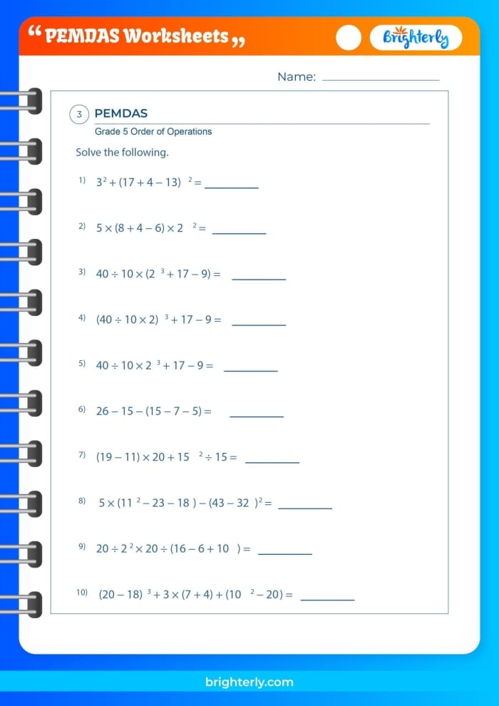 Worksheet demonstrating the Order of Operations using PEMDAS for fifth graders