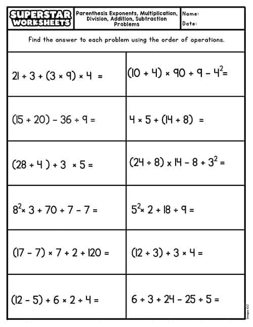 Fifth and sixth grade math worksheet focusing on solving expressions with the PEMDAS order of operations