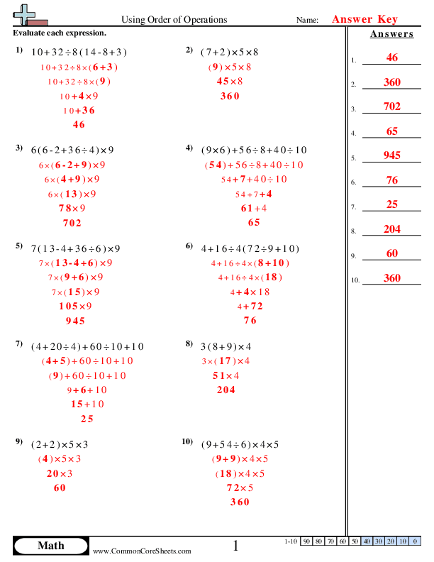 Order of Operations PEMDAS worksheet for fifth graders to practice mixed operations