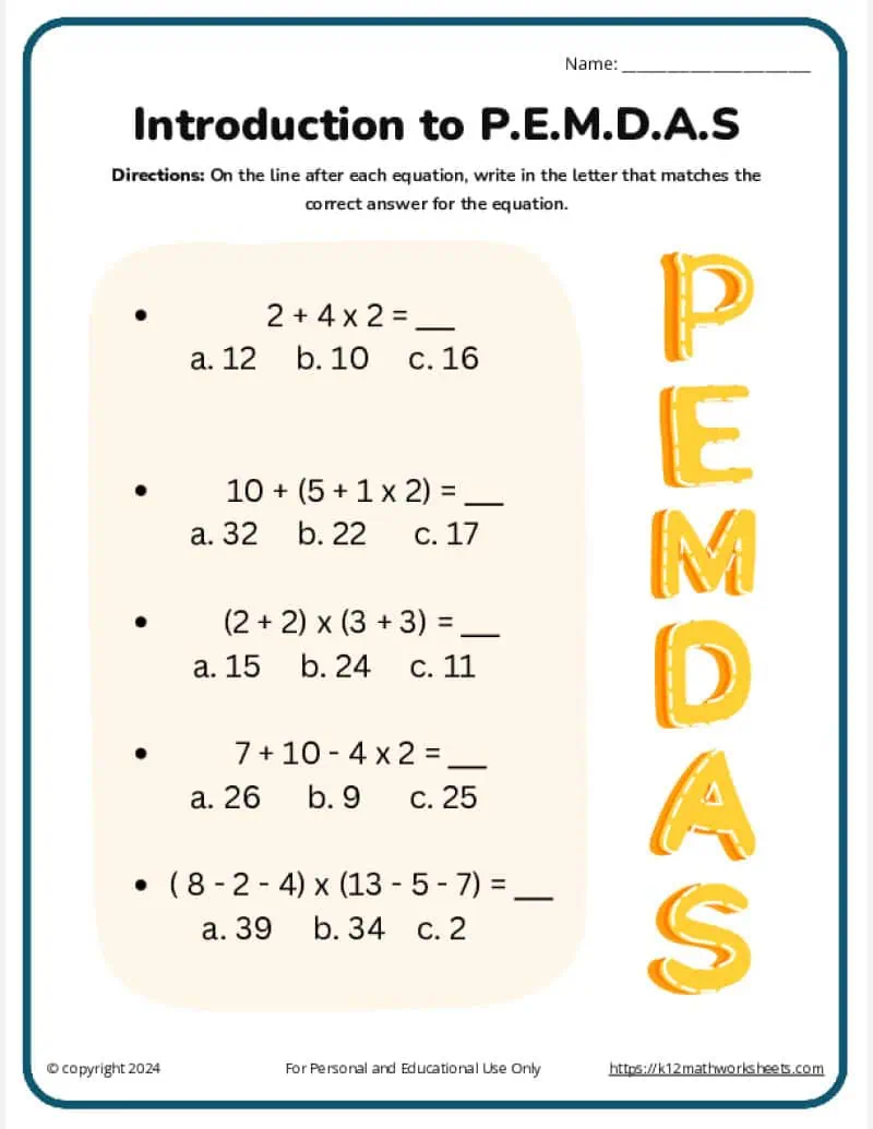Fifth and sixth grade math worksheet focusing on solving expressions using the PEMDAS order of operations