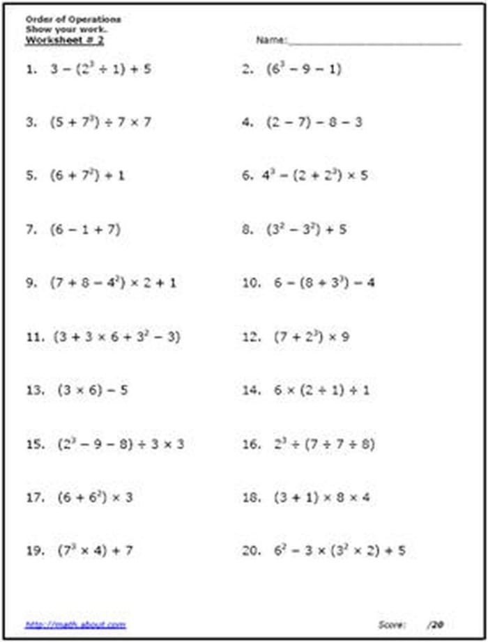 Fifth grade PEMDAS practice worksheet featuring mixed operation math problems