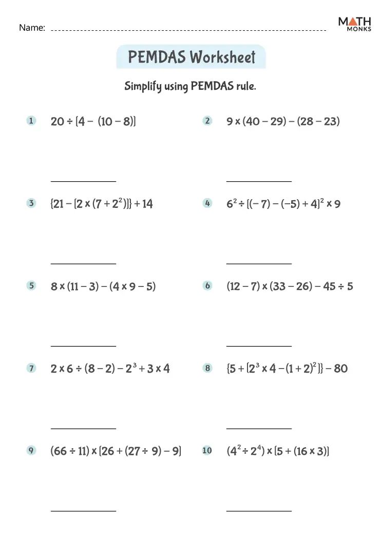Fifth grade math worksheet featuring mixed operations problems to practice the PEMDAS order of operations