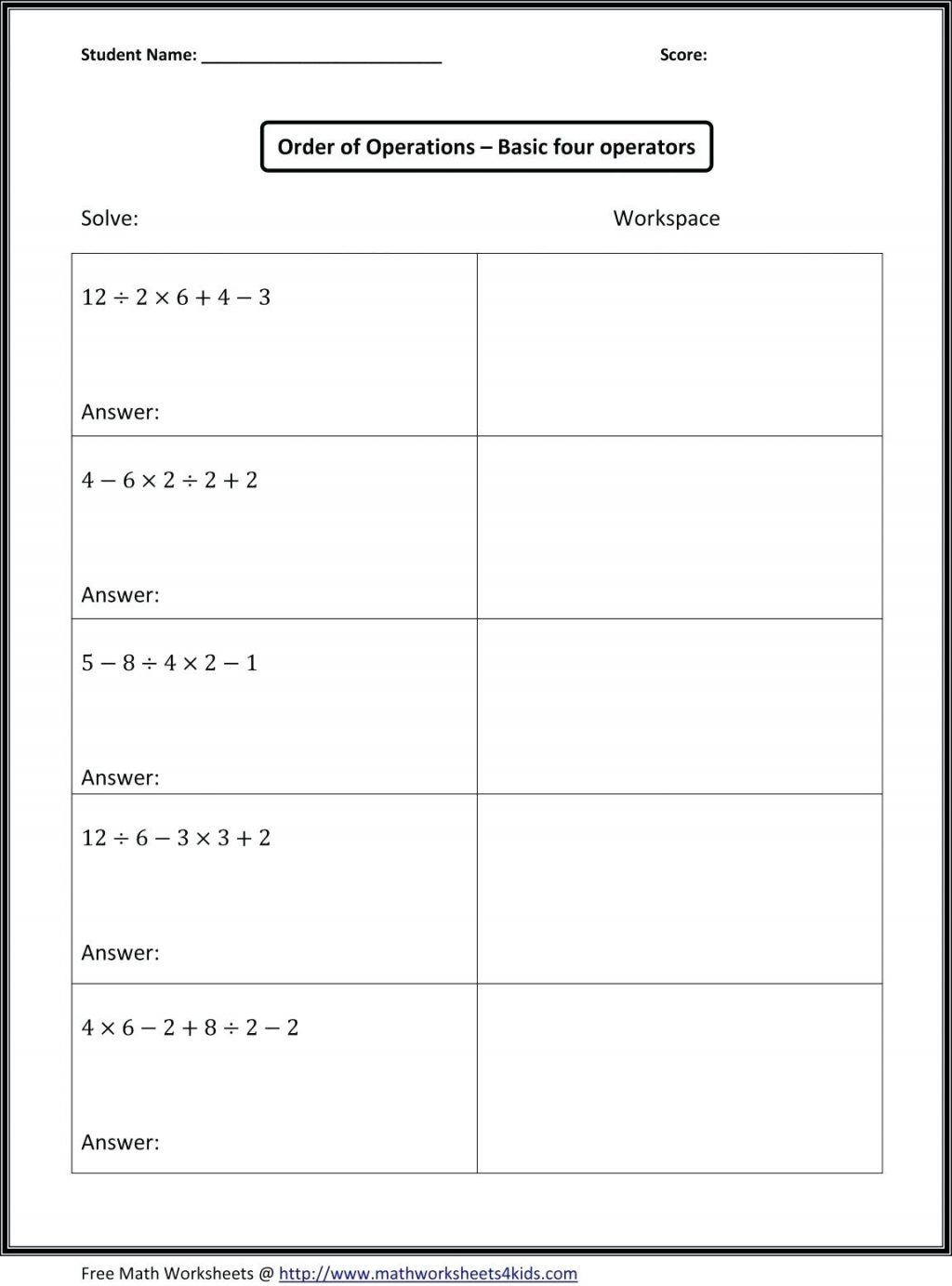 Order of Operations PEMDAS worksheet for fifth and sixth graders practicing mixed operations