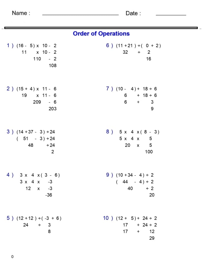Fifth grade math worksheet focused on practicing PEMDAS for multi-step equations