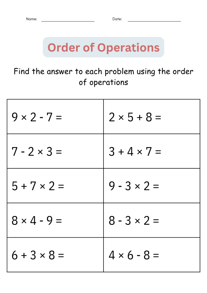 PEMDAS worksheet for practicing the order of operations in fifth and sixth grade math