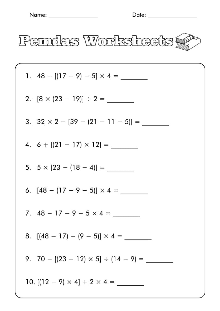 PEMDAS worksheet for fifth and sixth graders practicing the order of operations