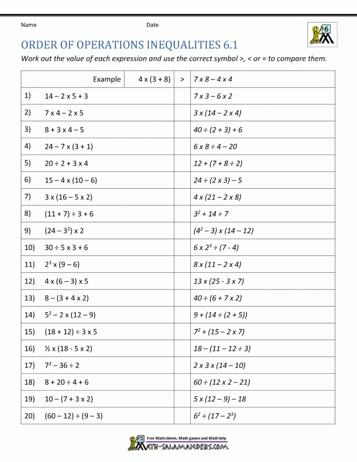 Math worksheet demonstrating the order of operations using PEMDAS for fifth-grade students