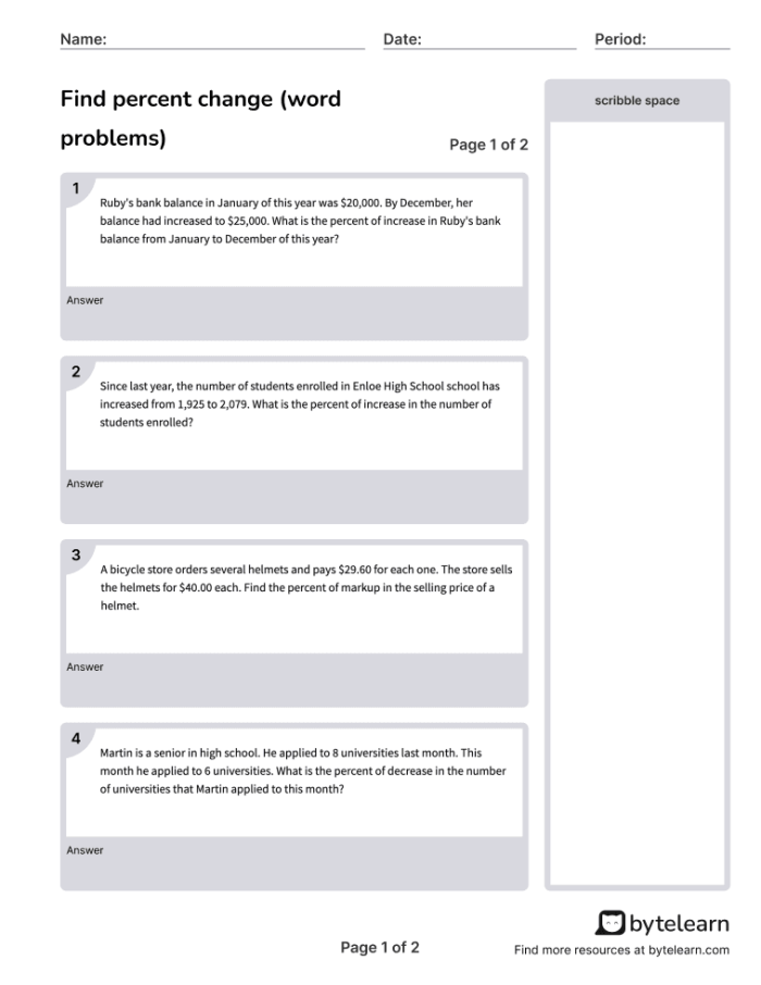 Seventh grade math worksheet featuring percent of change word problems involving time and money calculations