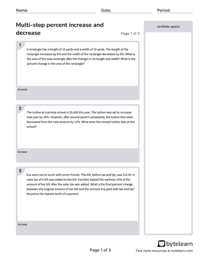 Worksheet featuring percent of change word problems for seventh graders