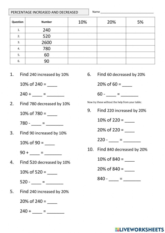 Seventh grade math worksheet featuring word problems about calculating percent of change in time and money scenarios