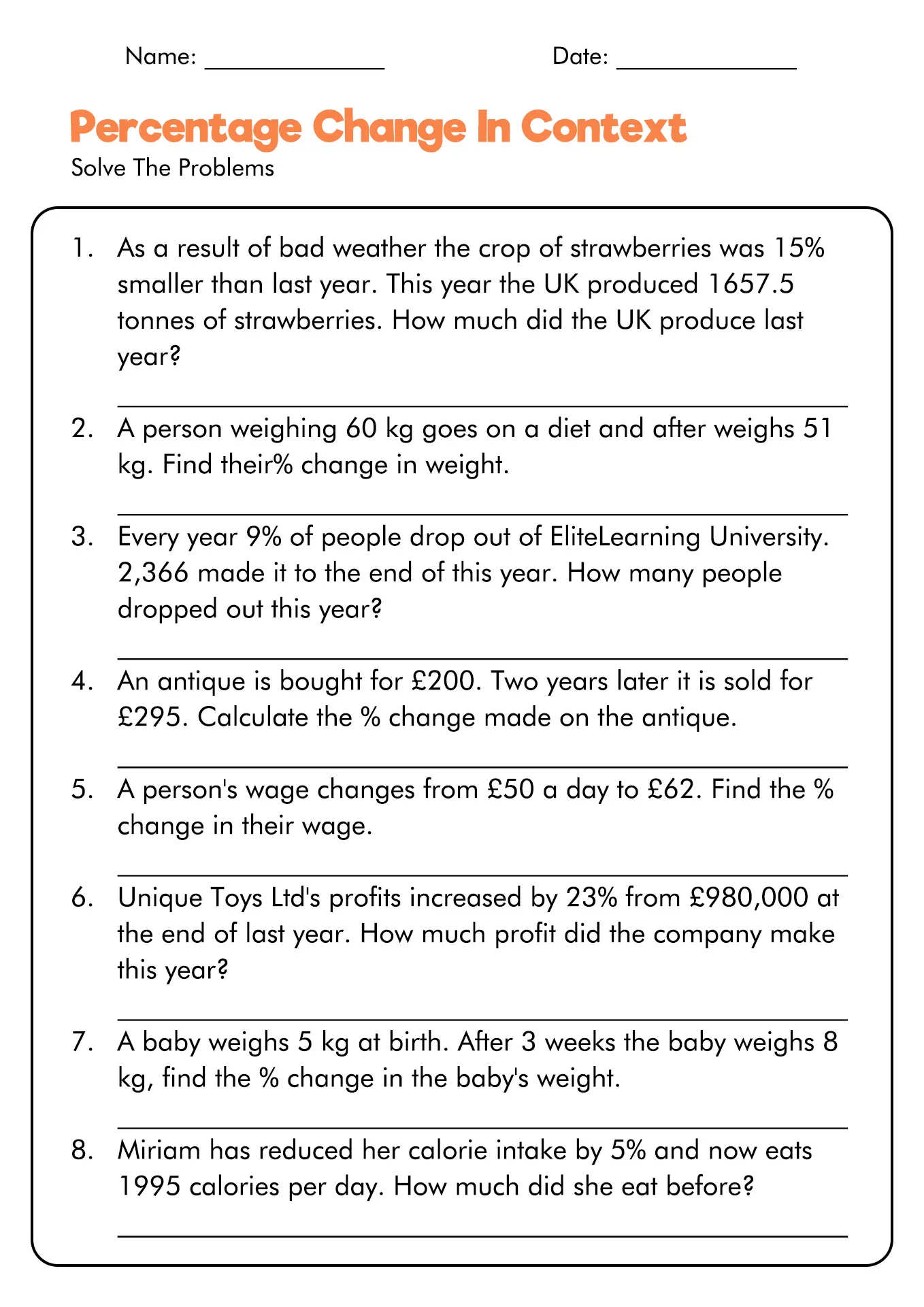 Seventh grade math worksheet featuring word problems about calculating percent of change in time and money scenarios