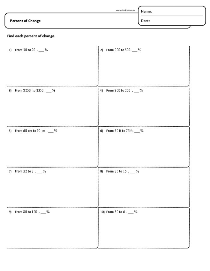Seventh grade students practicing percent of change word problems worksheet 23