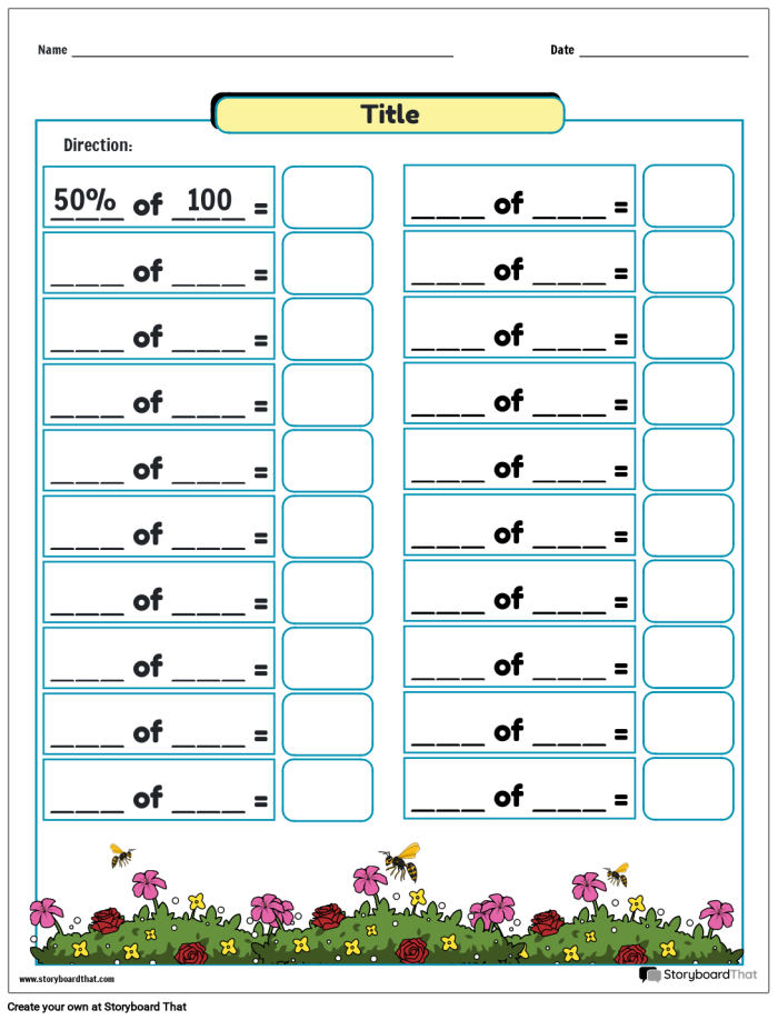 Sixth grade math students learning to convert fractions and decimals into percents on a worksheet