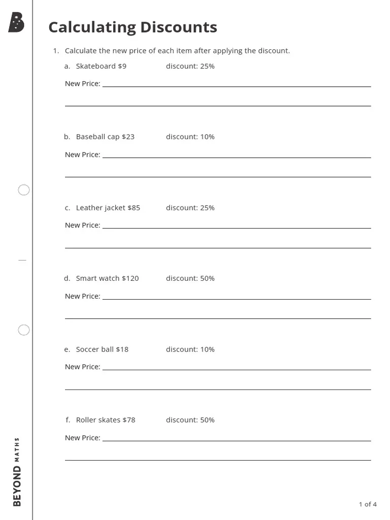 Sixth grade worksheet showing math problems for calculating product discounts using percentages and decimals