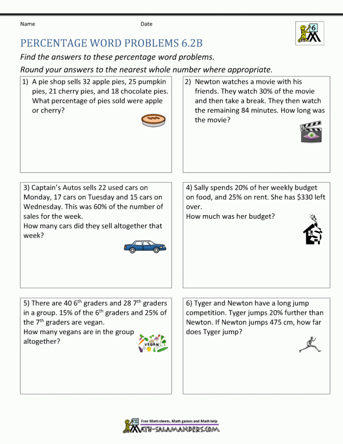 Seventh grade student using a math worksheet to solve real-world percent word problems
