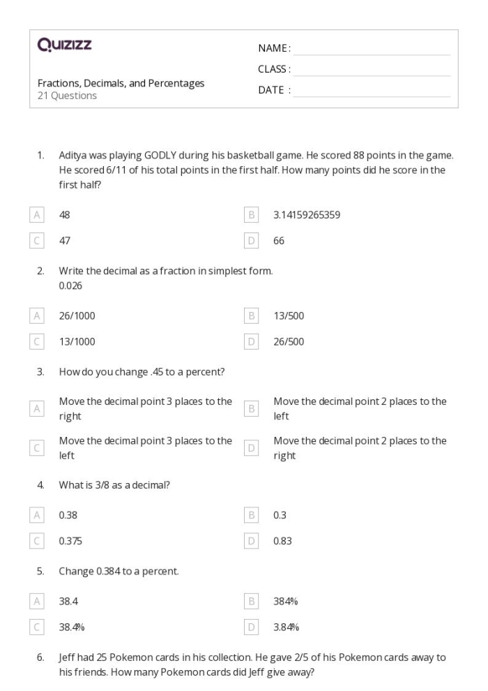 Converting Percents to Decimals Worksheet Number Six Fifth grade student completing a worksheet on converting percents to decimals