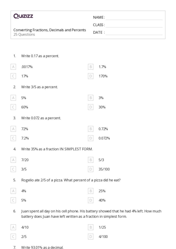 Converting Percents to Decimals Worksheet 25 Fifth grade math worksheet focused on converting percents to decimals number 25