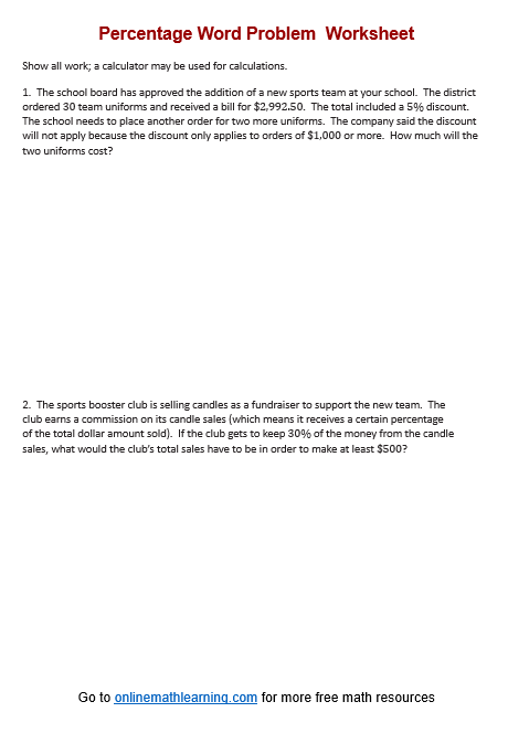 Seventh grade student solving percent word problems related to financial literacy on a math worksheet