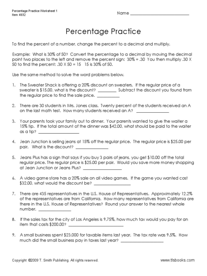 Percentage Practice Summer Sale Worksheet Number Nine Sixth grade students practicing percentage calculations on a summer clothing themed math worksheet