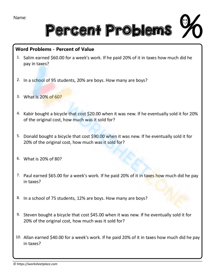 Writing worksheet for Fifth Grade Percentage word problems worksheet for fifth graders focused on consumer math. Engaging exercises to help children understand percentages in everyday scenarios.